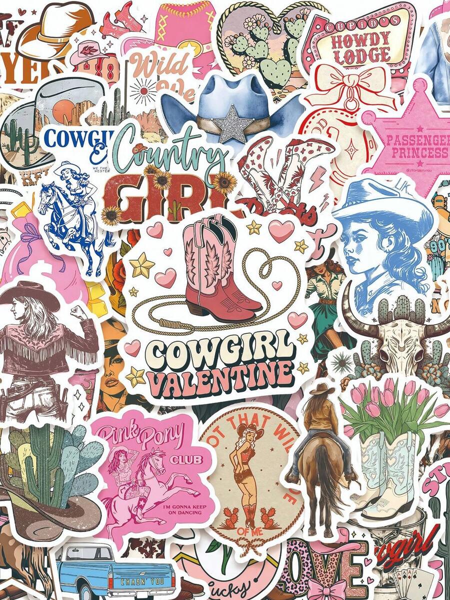 50pcs Denim Graffiti Decorative Stickers, Cool Style, Suitable For Helmet Decoration, Scrapbooking, Car Decor, Party Decoration, Adult Stickers, Office Decor, Label Stickers, Scrapbook, Laptop, Bags, Guitar, Water Bottle, Fashion Decor, DIY - Cowgirl - View 1