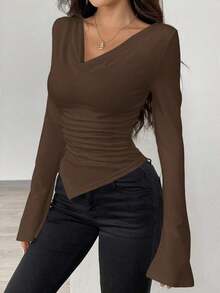 Women's Winter Sweater With A Plunging Neckline, Can Be Worn With An Asymmetrical Collar, Asymmetrical Hem, Knitted Top. - 棕色 - 查看 3