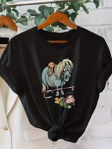 Women's Short-Sleeved T-Shirt With A Fun Equestrian-Themed Cartoon Print, Sporty Style, Loose Fit, Ideal For Spring/Summer, Stylish Clothing For Equestrian And Animal Lovers, Comfortable Round Neck Design, Versatile For Everyday And Casual Wear, Vintage Style T-Shirt. - 黑色 - 查看 8
