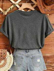 Free Shipping, Local Delivery In Mexico, Delivery In 4 Days. Women's Casual T-Shirt With A Romantic Paris Print, Black, Short Sleeves, Round Neck, Dropped Shoulders, Medium-Stretch Knit Fabric. - 深灰色 - 查看 4
