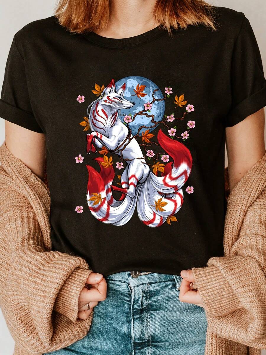 Zorro Kitsune Japonés de Nueve Colas con Flores de Cerezo - Negro - Ver 1