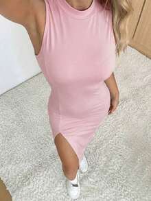 Vestido casual y elegante con abertura lateral, liviano para el verano - Rosa Pálido - Ver 4