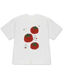 2026 Spring/Summer New Women's Oversized Drop Shoulder T-Shirt With Smiling Tomato Print, Soft And Loose Short Sleeves - Cool And Eye-Catching Urban Fashion Style, Unisex, Sweet And Energetic Vibe - 白色 - 查看 1