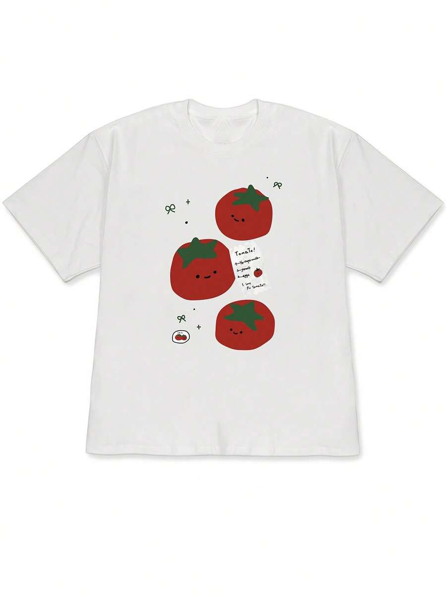 2026 Spring/Summer New Women's Oversized Drop Shoulder T-Shirt With Smiling Tomato Print, Soft And Loose Short Sleeves - Cool And Eye-Catching Urban Fashion Style, Unisex, Sweet And Energetic Vibe - 白色 - 查看 1