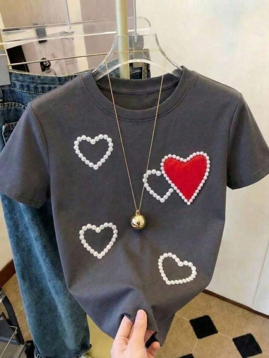 Free Shipping, Local Delivery In Mexico, 4-Day Delivery. Women's Short-Sleeved Crew Neck T-Shirt, Loose Fit, Casual And Versatile. Featuring A Modern, Elegant And Sophisticated Simple Letter Print, Perfect As A Wardrobe Staple; Made From Soft Fabric With A Beautiful Drape. - 深灰色 - 查看 1