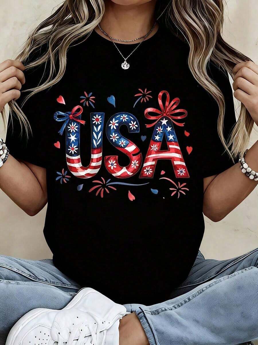 1 Piece Of Women's Round Neck T-Shirt With Patriotic US Flag Design, With Stars And Stripes, Decorative Bow, Short Sleeve, For Independence Day Celebration, 180g, 100% Cotton. - 黑色 - 查看 1