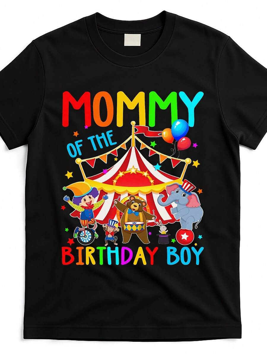 Family Circus And Carnival Themed T-Shirt For Mom's Birthday, Product Image In Black, Same Style For Men And Women, Short Sleeve Printed T-Shirt For Summer 2026, Perfect For Daily Outfits And Gifts, Circus T-Shirt, Perfect For Holidays And Playtime, Great For Parties And Family Vacation Outfits, Summer Outfit, Warm Weather Clothing. - 黑色 - 查看 1