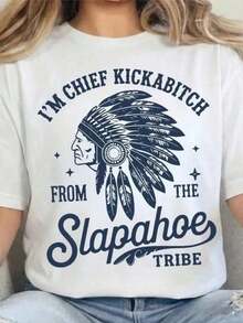1 CHIEF KICKABITCH DE LA TIBIRA SLAPAHOE T-Shirt, Funny T-Shirt, Vintage Tropical Holiday Clothing, Blouses For Women, 180g 100% Cotton. - 白色 - 查看 7