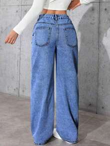 Jeans informales de pierna ancha con bolsillos para adolescentes - Azul lavado oscuro - Ver 3