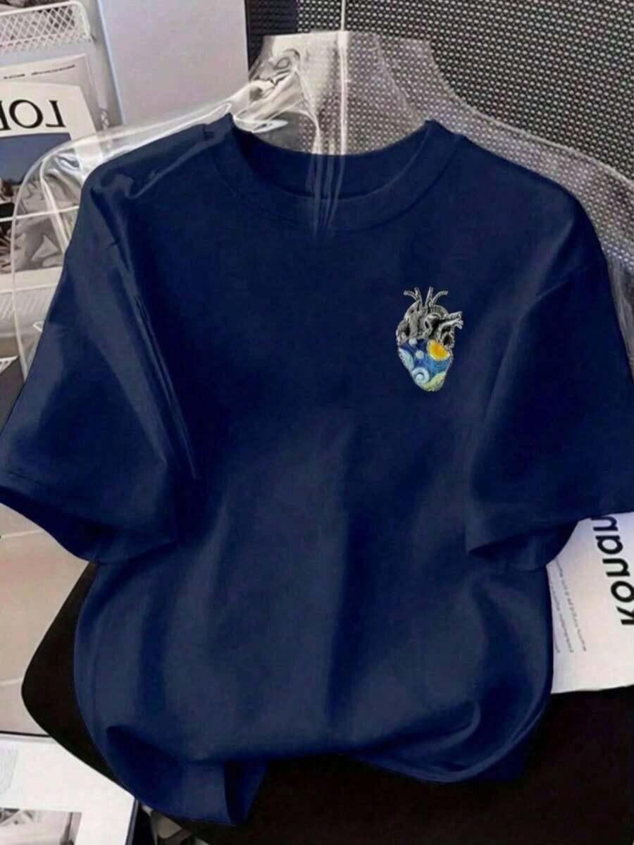 Women's Short Sleeve T-Shirt With Graphic Heart, Starry Night Van Gogh Painting, Modern Youth Style, Round Neck, Casual Modern Style - 海軍藍 - 查看 1