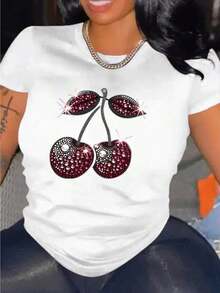Cherry, Strawberry, Lemon 1 Glitter Casual Sweet Party Elegant None Beach Holiday Sporty Office Home Comfortable Cherry Print Crew Neck T-Shirt, With Party And Holiday Atmosphere, Black Blouses For Women, For Spring/Summer - 紅色底白色 - 查看 9