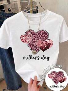 100% cotton Camiseta Casual Blanca de Manga Corta para Mujer con Estampado de Corazón de Leopardo para el Día de la Madre y Cuello Redondo, Corte Regular, - Blanco - Ver 1