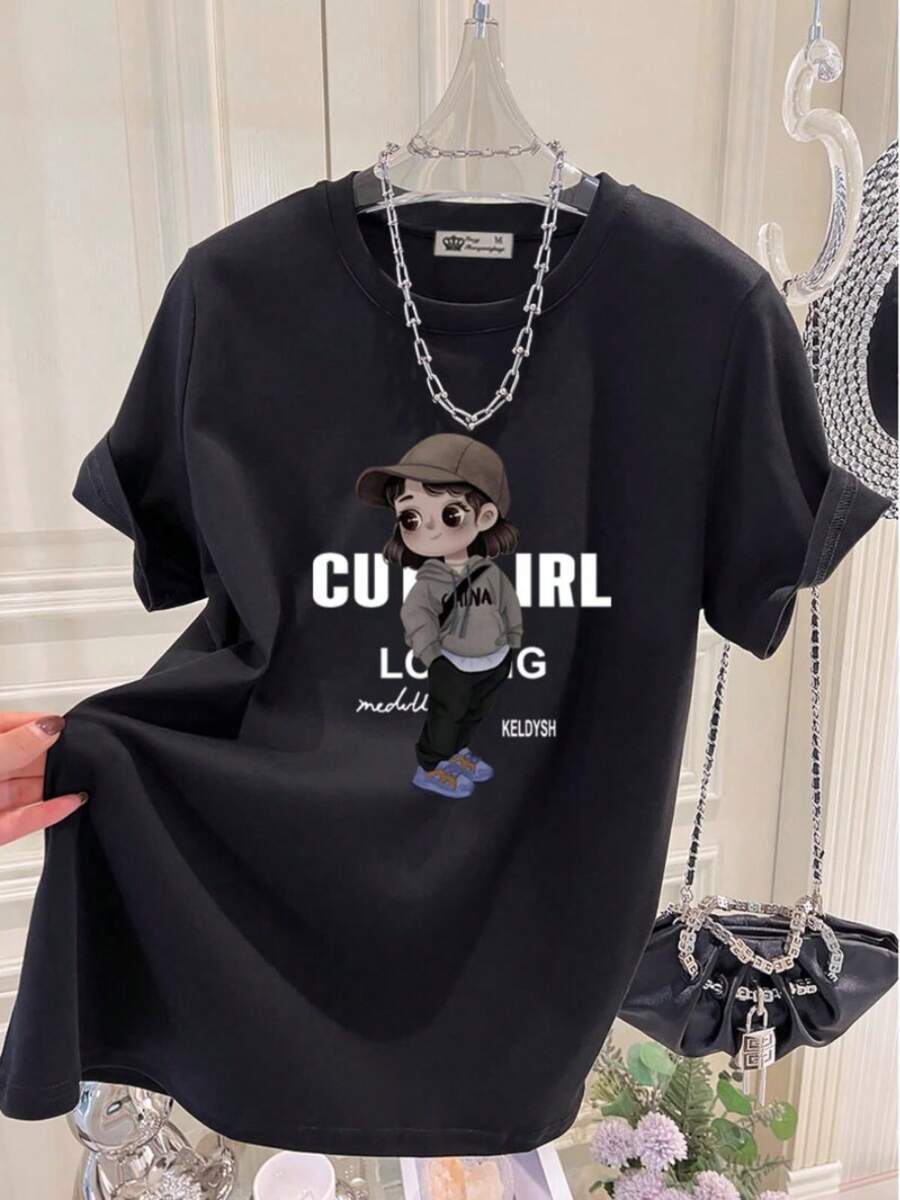 Women's Casual Printed T-Shirt, Short Sleeves, Round Neck, Spring/Summer Local Urban Fashion. MYM6 - 黑色 - 查看 1