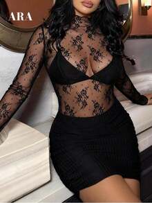 Blusa negra sexy de manga larga con encaje elástico para mujer , con cuello alto, patrón floral transparente, elegante y con capas, ideal para primavera-verano, resort y citas - Negro - Ver 5