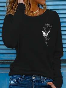 Una camiseta negra de manga larga con estampado de rosas, corte ligeramente holgado, esencial para vacaciones casuales, lavable a máquina pero no apta para limpieza en seco, hecha de tela, adecuada para todas las estaciones - Negro - Ver 6