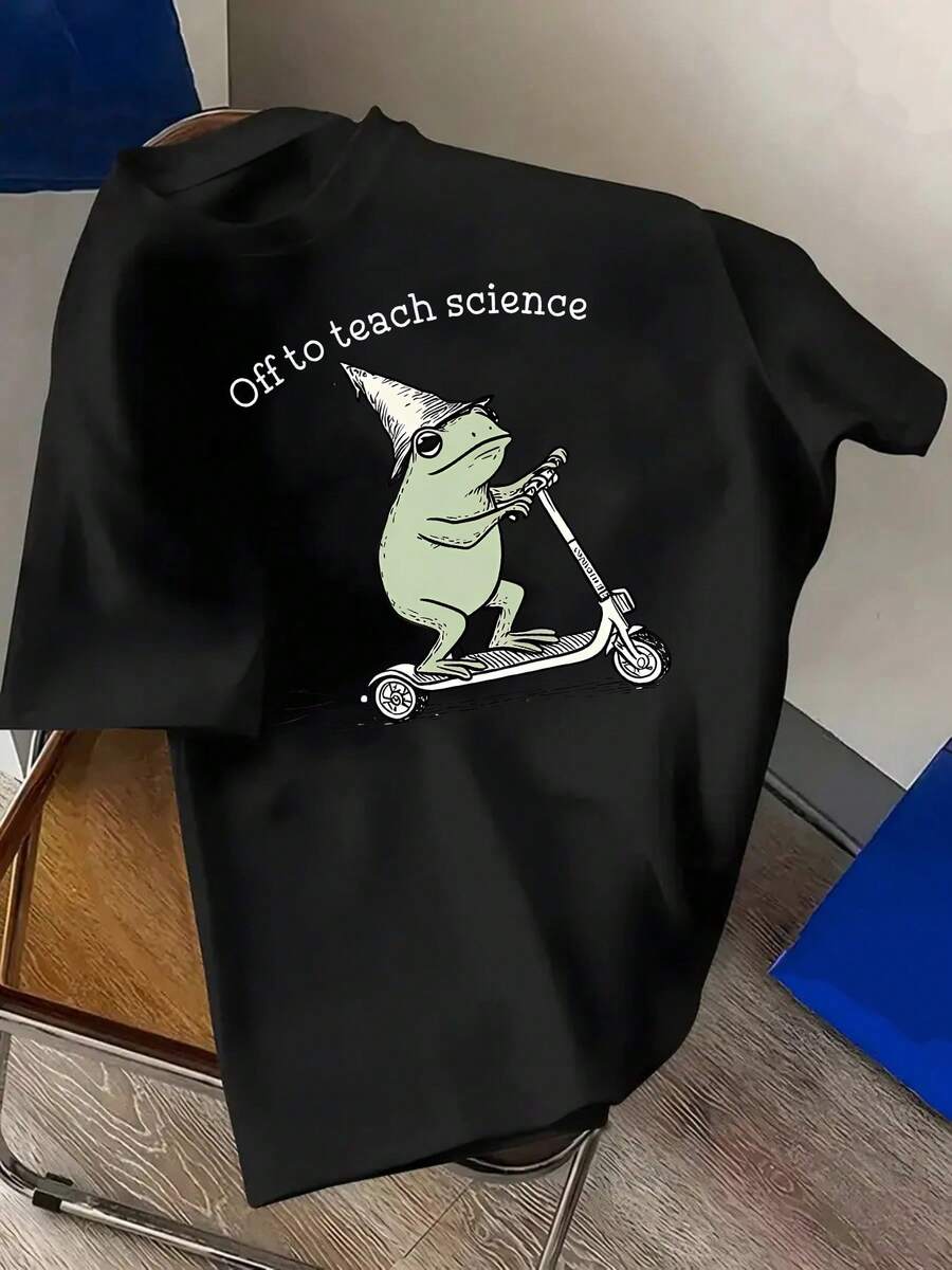 Camiseta de profesor de ciencias para hombre | Diseño Divertido de Rana Montando en Scooter, Transpirable, Ligero, Casual, Ajuste Cómodo para Todas las Temporadas, Material Duradero, Estampado de Dibujos Animados, Cuello Redondo, Corte Regular, Blanco - Negro - Ver 1