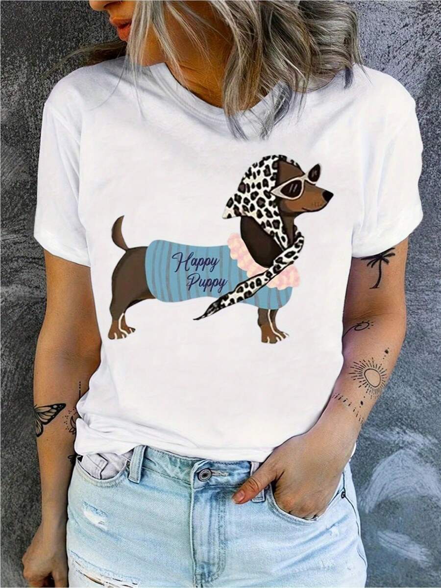 Wo Happy Puppy Dachshund Print T-Shirt - Cute Light Gray Dog Design With Stylish Glasses And Bow Tie, Soft Crew Neck, Casual Summer Style, Exclusive For Pet Lovers, Machine Washable For Everyday Comfort. - 白色 - 查看 1