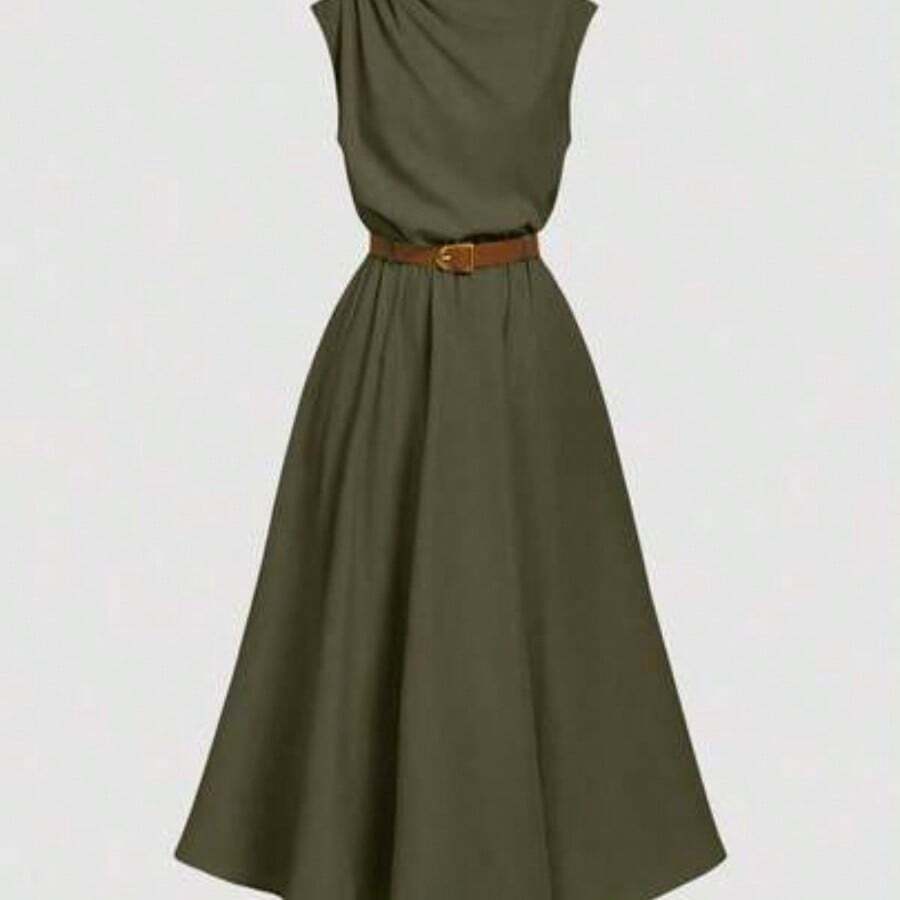 MOD Women's Solid Color Sleeveless Dress (With Belt), Back To School Season, Olive Dress - Verde militar - Ver 1