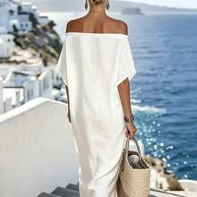 Casual Vacation Off-Shoulder Striped Loose Dress - Blanco - Ver 3