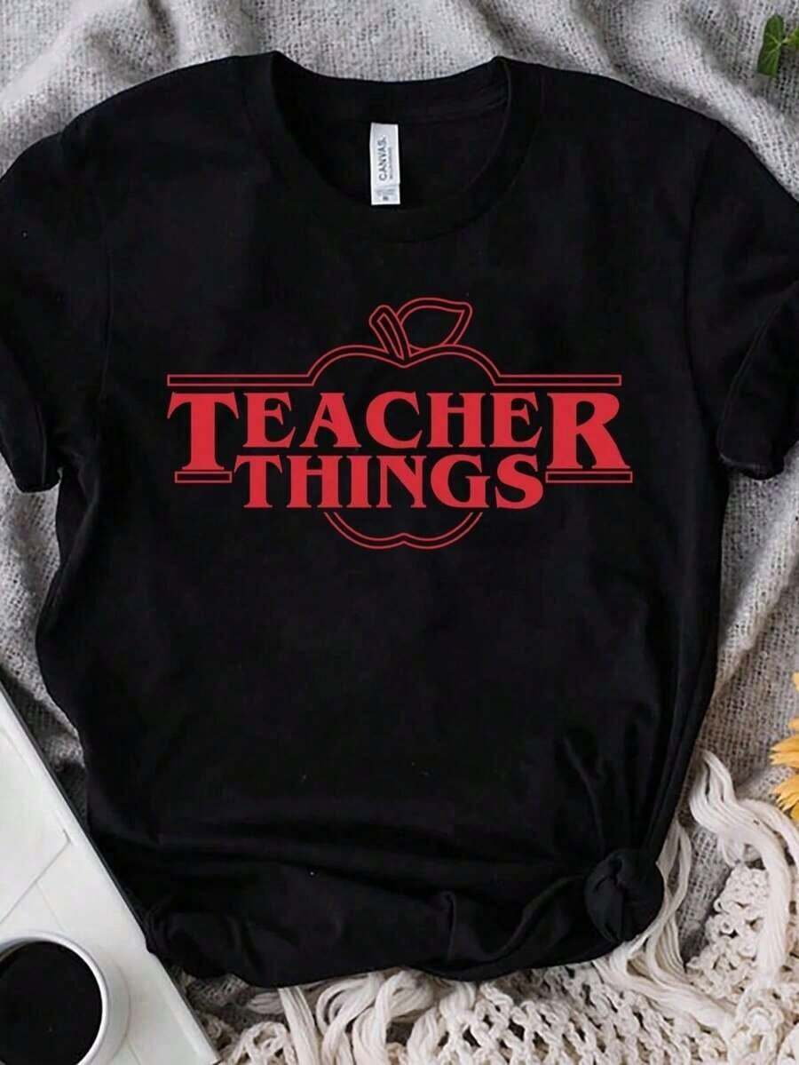 2026 Nuevos productos de gran : camiseta de mujer con cuello redondo, 1 pieza, camiseta para maestras, camiseta de profesor, camiseta de "Stranger Stuff", camiseta de "Feliz Primer Día de Clases", camiseta inspiradora para maestras, camiseta casual para mujer, un elemento esencial del guardarropa fácil de combinar. - Negro - Ver 1