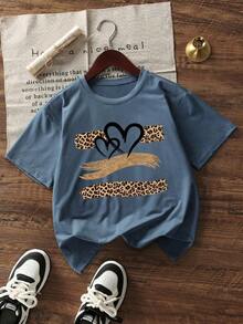 2026 Nueva Moda de Ropa de Verano para Mujer, Camiseta Casual con Diseño de Corazón y Estampado de Leopardo Vintage, Cuello Redondo, Manga Corta, para Uso Diario - Neblina azul - Ver 3