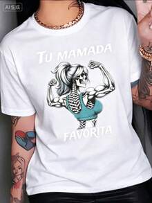 Nueva llegada 2026: Camiseta de manga corta de moda, diseño de nicho de verano, top holgado de talla grande. Camiseta 100% algodón puro, gruesa, en blanco y negro, con diseño gráfico y estampado de letras a la moda, estilo unisex de manga corta. Nueva colección para primavera, verano y otoño, transpirable y cómoda, estilo minimalista y versátil de ropa urbana, conjunto a juego para parejas. - Blanco - Ver 7
