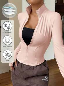 Chaqueta de manga larga de punto ajustada con protección solar para mujer en otoño/invierno, color albaricoque - Rosa Pálido - Ver 1