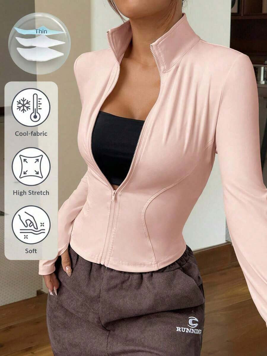 Chaqueta de manga larga de punto ajustada con protección solar para mujer en otoño/invierno, color albaricoque - Rosa Pálido - Ver 1