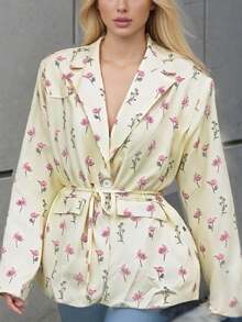 Spring 2026 Blazer, Loose Casual Style With Drawstring, Long Sleeve Print - Yellow - View 2