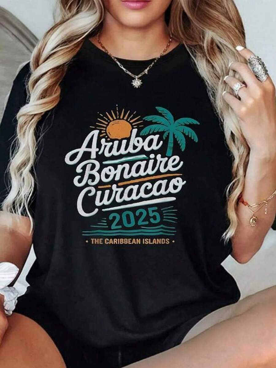 Radiant Sun And Palm Tree Evoking The Sea Breeze, Displaying The Names Of Caribbean Islands Like Aruba, Bonaire, And Curazao. 2025 Symbol Of Holiday Joy In Warm Tones, Women's T-Shirt, 100% Soft Cotton - 黑色 - 查看 1