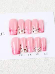 10 piezas de pegatinas de uñas brillantes, uñas postizas acrílicas cuadradas medianas, base rosa nude con estampado de leopardo y rayas de cebra rosa, estilo dulce Y2K, forma de mano favorecedora, adecuado para uso diario y fiestas, mejor vendedor de manicura francesa con estampado de leopardo - Rosa - Ver 3