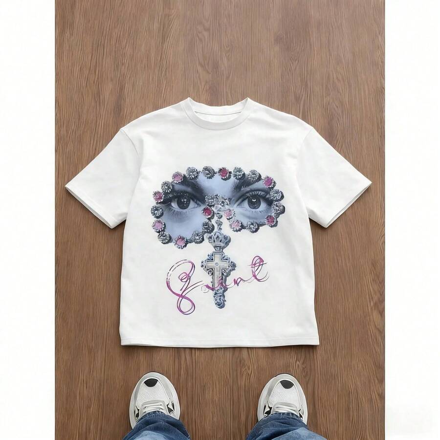 Camiseta de Hombre de Corte Holgado con Estampado Gráfico, Estilo Y2K, Patrón de Ojo Cruzado con Adornos de Gemas, Ropa Casual para Todas las Temporadas, Moda Urbana Unisex NV0J - Blanco - Ver 1