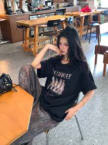 Camiseta gráfica de manga corta con cuello redondo y estampado, estilo coreano casual para mujer - Negro - Ver 11