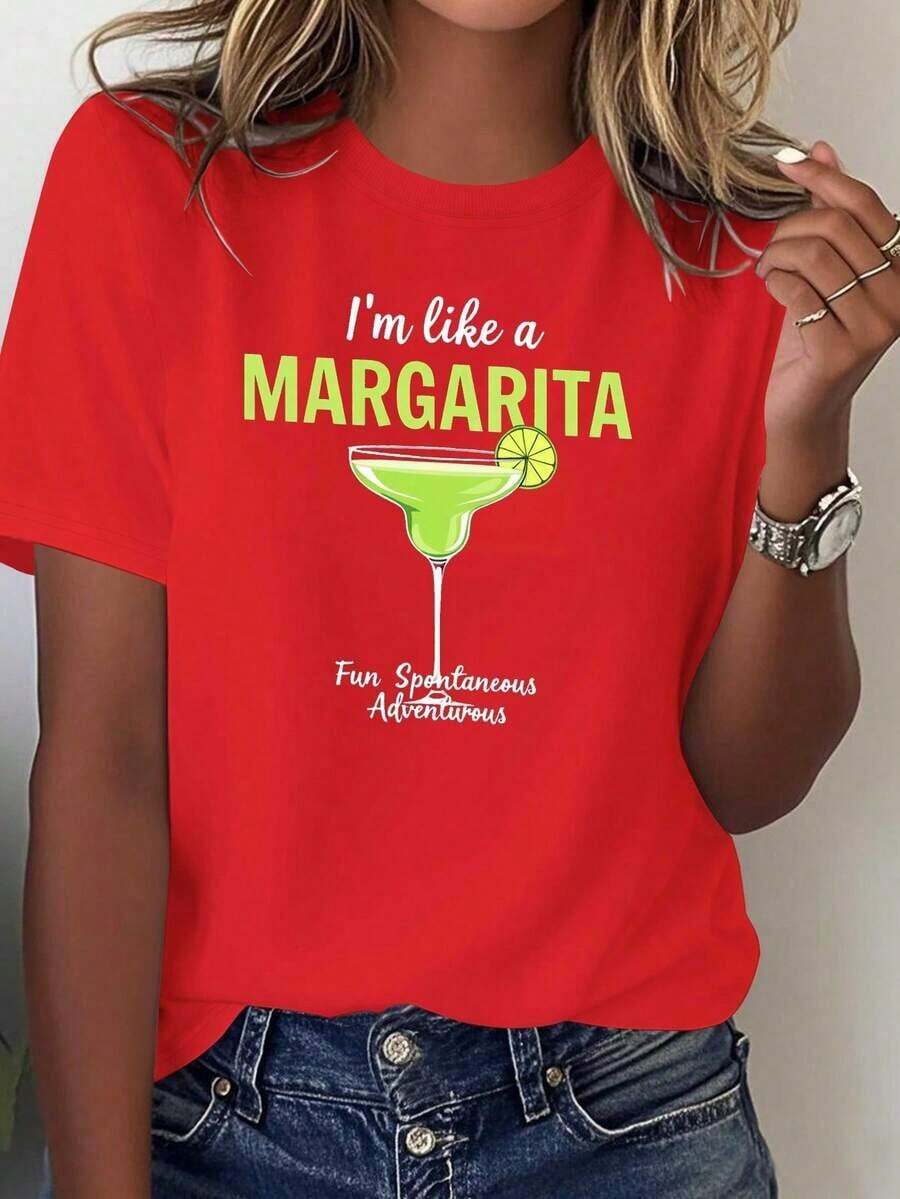 ComfortableCamiseta de cóctel de margarita pura para mujeres - Diseño de receta de bebida mexicana con estampado de tequila y lima, ajuste casual, atuendo de fiesta de cóctel, camiseta suave lavable a máquina para ropa de fiesta de margarita - Ideal para el veranoLoose Versatile Short Sleeve T-shirt for Women - Rojo - Ver 1