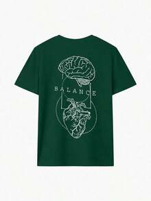 Camiseta casual para mujer, con estampado de anatomía del cerebro y el corazón, corte holgado y oversize, estilo callejero de cuello redondo y manga corta, adecuada para ir al trabajo, viajes urbanos, salidas de verano, reuniones con amigos, brunch de fin de semana en color negro - verde oscuro - Ver 2
