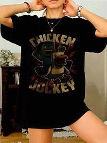 Women's Casual Cotton T-Shirt, Plus Size, With Fun And Stylish Jockey Print, Short Sleeve, For Everyday Summer Wear, Gift For Her, Round Neck, Printed Design, Casual Everyday T-Shirt, Excellent Gifts For Friends And Family, 100% Cotton, Youthful And Modern Design, 100% Cotton, Durable. - 黑色 - 查看 6