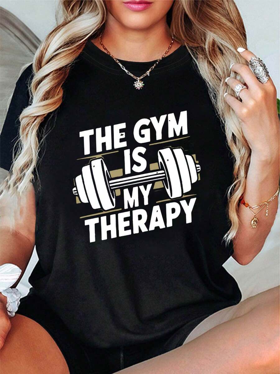 "The Is My Therapy" Printed T-Shirt, Casual Short-Sleeved Round Neck Top For Summer And Spring, Women's Clothing - 黑色 - 查看 1