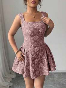 Vestido mini azul de mujer con cuello ancho, sin mangas, cintura recogida y textura de jacquard, elegante y romántico para graduación, baile de graduación, fiesta, festival de música, vacaciones - Rosa vieja - Ver 7