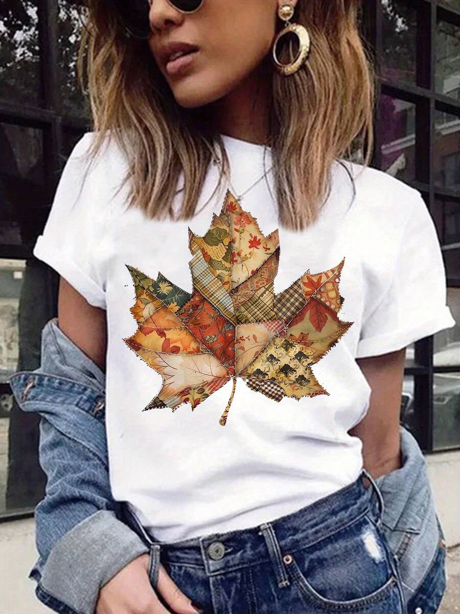 Camiseta casual de manga corta y cuello redondo con un diseño preppy floral de hojas de otoño, perfecta para verano y primavera, diseñada para mujeres - [Blanco] - Ver 1
