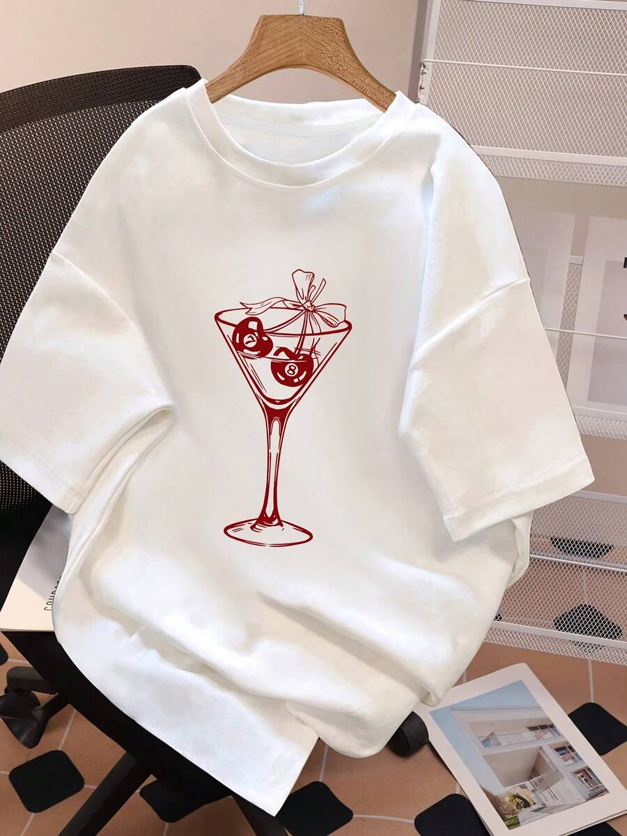 Camiseta de verano para mujer con estampado de cócteles de cereza y cuello redondo, camiseta casual de manga corta con cuello redondo para mujer, adecuada para uso diario - Estilo vintage urbano, camiseta unisex holgada de algodón de manga corta con cuello redondo, blusas para mujer. blusas.blusas casuales para dama. - Blanco - Ver 1