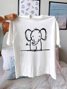 Women's Elephant Print T-Shirt, Casual Short-Sleeved Crew Neck T-Shirt, Suitable For Everyday Wear - Unisex Loose-Fitting Cotton Short-Sleeved Crew Neck T-Shirt, Urban Vintage Style, Blouses For Women. Casual Blouses For Ladies. - 白色 - 查看 6