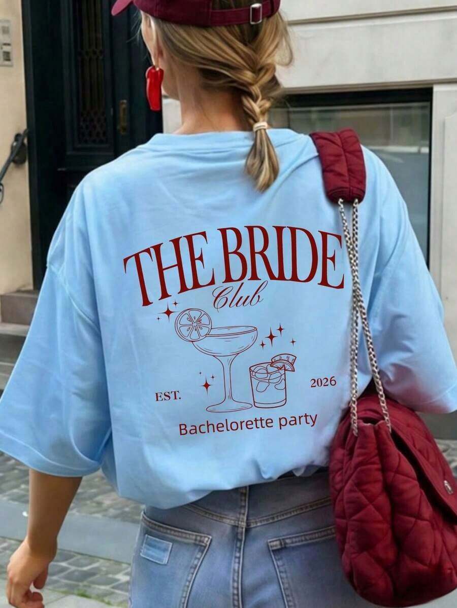 1 pieza de camiseta de verano para mujer con cuello redondo y manga corta, "THE BRIDE, EST."2026" Patrón Impreso Casual - Azul claro - Ver 1