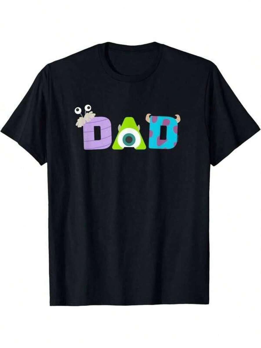 Camiseta de Monsters Inc para Día del Padre o Cumpleaños - Camiseta Casual de Algodón Negra con Estampado Colorido de "PAPÁ", Manga Corta y Cuello Redondo para Hombres, Camiseta de Dibujos Animados - Negro - Ver 1