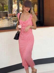 New Women's Long Summer Dress V-Neck Strappy Plaid Holiday Style Elegant Sensual European Fashion - 紅色 - 查看 10