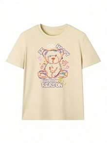 T-Shirt With Graffiti-Style Teddy Bear And "Be Happy" Text,  Short-Sleeve T-Shirt For Spring/Summer 2026, Made In Mexico, 180 Grams. Cartoon Print, Couple Design, Suitable For Indoor Or Outdoor Wear. Crew Neck, Unisex, Ideal For The Office And Leisure. One-Pack. - APR-P631577SLNDXZGY498 - 查看 2