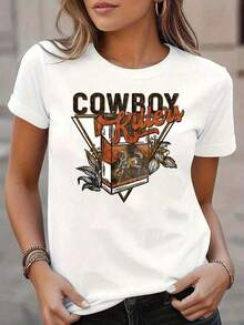 Women's T-Shirts (1 Piece): Women's White Short-Sleeved T-Shirt With A "Cowboy Queen" Graphic Print In A Western Style, Perfect For Casual Wear And Country-Style Outfits. 180g 100% Cotton. Women's Outfits. - 白色 - 查看 7