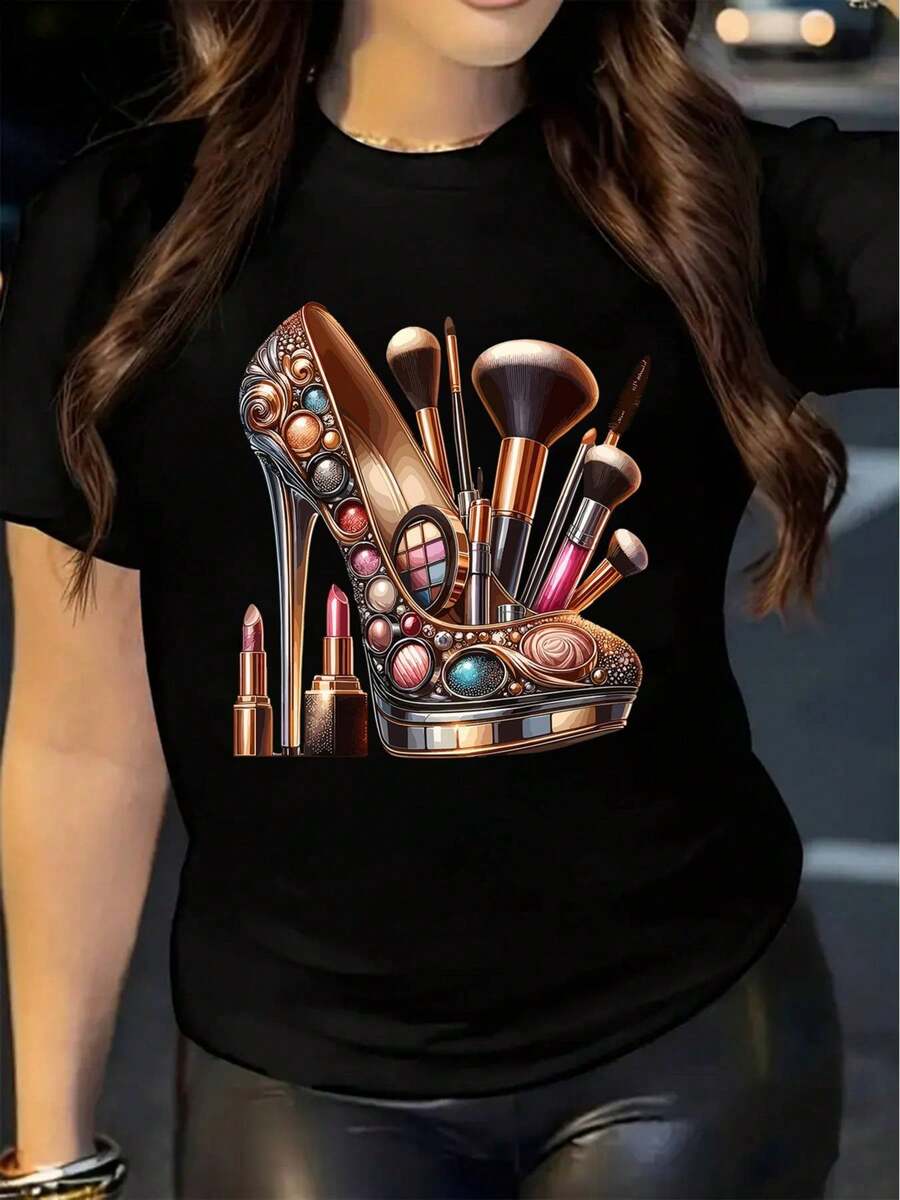 Plus Size T-Shirt For Women - Gold Makeup Print And High Heels - Non-See-Through Top For Halloween, Christmas Parties, Everyday Outfits - Casual T-Shirt For All Seasons - 黑色 - 查看 1