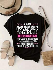 Women's Funny November Quotes T-Shirt - Navy Blue Short Sleeve Crew Neck Loose Fit Top With Fun November Birthday Design, Casual Spring Summer Loose Fit T-Shirt For Women (Pink And Black Lettering) - Fun Birthday Party Outfit, Geometric Print, Machine Washable - 黑色 - 查看 1