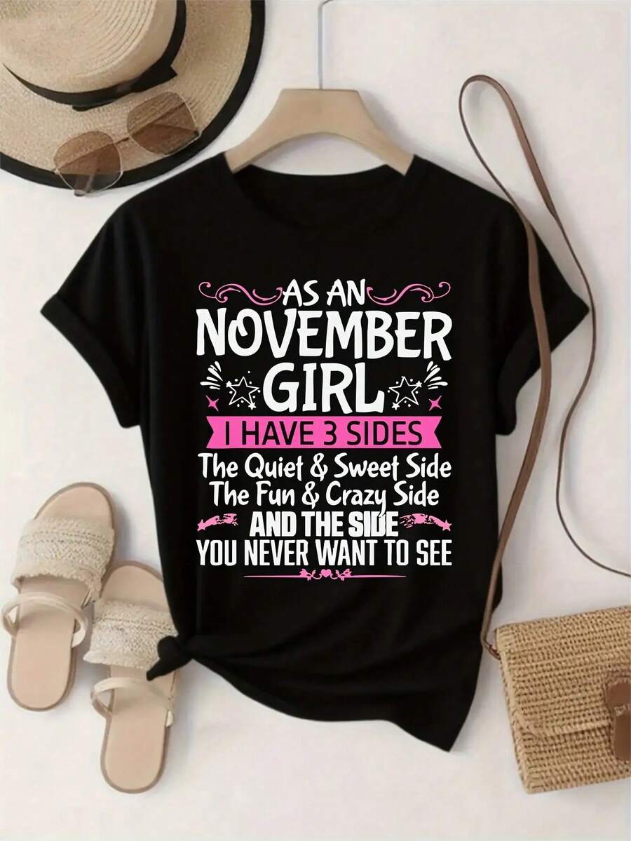 Women's Funny November Quotes T-Shirt - Navy Blue Short Sleeve Crew Neck Loose Fit Top With Fun November Birthday Design, Casual Spring Summer Loose Fit T-Shirt For Women (Pink And Black Lettering) - Fun Birthday Party Outfit, Geometric Print, Machine Washable - 黑色 - 查看 1