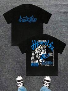 Men's Graphic T-Shirt, Unique Urban Style In Blue And Black, "Hustle For Love" Print, Vintage Statue Design, Casual Summer T-Shirt, Short Sleeve With Round Neck, Soft And Comfortable Cotton Blend, Perfect Gift For Him. - 黑色 - 查看 7
